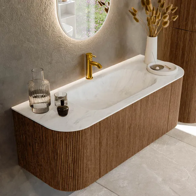 Mondiaz KURVE-DLUX 120 cm Onderkast Greeploos 1 Lade Met Deuren Walnut, Wastafel Solid Surface Midden Opalo 1 Kraangat Zonder Spiegel (KRVBGS120L+R1L2D1KM-Wal/Opa)