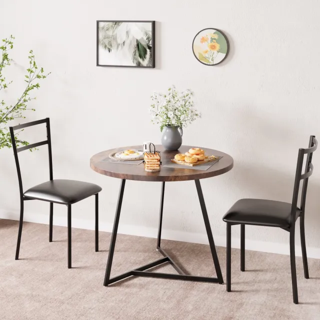 Triumpunpre Eettafel Stoel Set 3-delig - 80x80x75cm - Ronde Tafel met Metalen Frame - 2 Beklede Stoelen - Compact voor Eetkamer Woonkamer en Appartement - Bruin