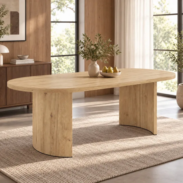 DESMIU Eettafel - Afgeronde Hoeken en Gebogen Tafelpoten - Voor 6 tot 8 Personen in de Eetkamer - MDF in Eikenkleur - 200 x 90 x 75 cm Eikenlook