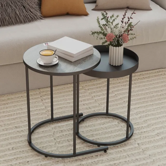 MIVRAY Bijzettafel Set Van 2 - Nestbare Ronde Tafels Met Trayrand - Industrieel Voor Woonkamer En Kleine Ruimtes - Metaal - Grijs Zwart