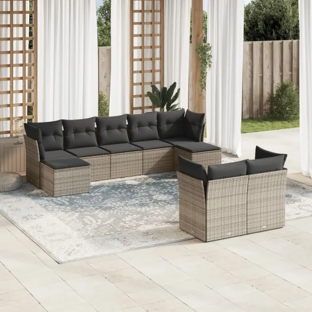 vidaXL 9-delige Loungeset met kussens poly rattan grijs, foto 2