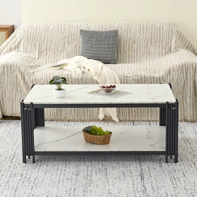 REDOM Salontafel - Marmerlook Tafelblad En 2 Planken - Scandinavisch - Voor Woonkamer - MDF En Metaal - Wit En Zwart Wit+Zwart