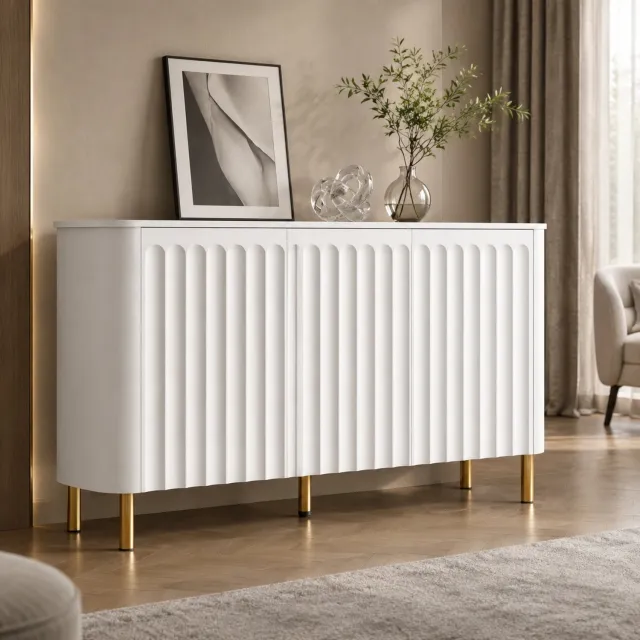 CHICFURN Dressoir 135 cm - 3 deuren - Griffloos - Metalen poten - Wit
