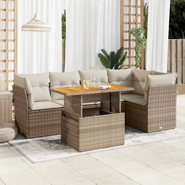 vidaXL 6-delige Loungeset met kussens poly rattan beige, foto 2