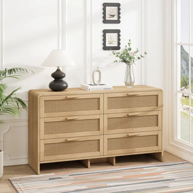 MODENUIT Ladekast - 6 Laden Met Rotanfronten - Voor Woonkamer, Slaapkamer En Keuken - Spaanplaat - Naturel - 130 Cm