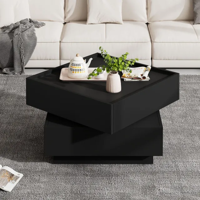MODENUIT Salontafel - 360° Draaibaar Blad Met 2 Laden En Opbergruimte - Zwart - 60x60x38 Cm