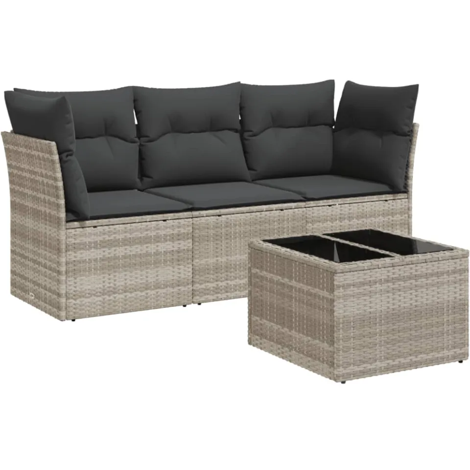 vidaXL 4-delige Loungeset met kussens poly rattan lichtgrijs