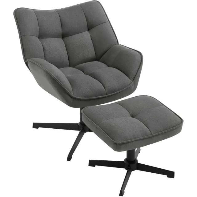 Cozy Cottage® Linnen Fauteuil met Voetenbank – 360° Draaibare Loungefauteuil – Comfortabele Stoel met Brede Zitting – Moderne Stoel met Hocker voor Woonkamer & Slaapkamer - Grijs