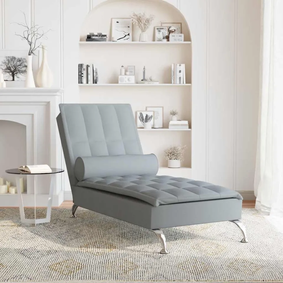 vidaXL Massage chaise longue met bolster stof lichtgrijs grijs, foto 3