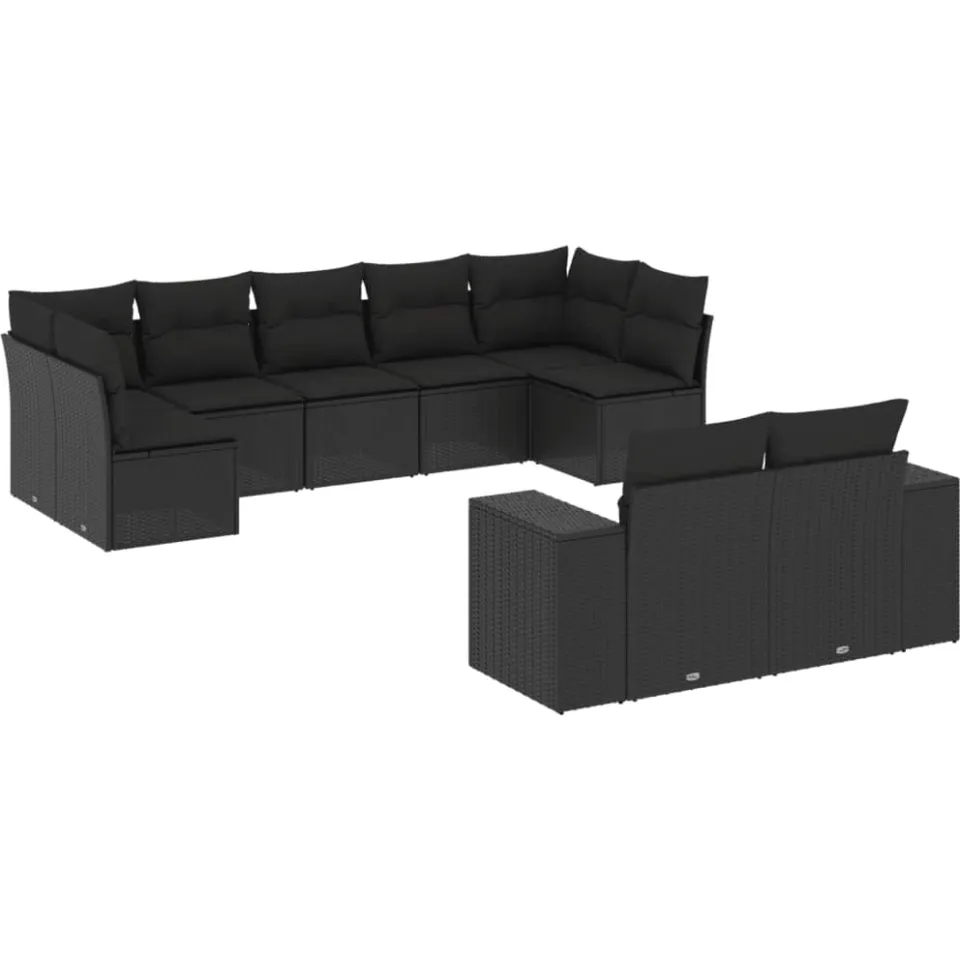 vidaXL 9-delige Loungeset met kussens poly rattan zwart, foto 3