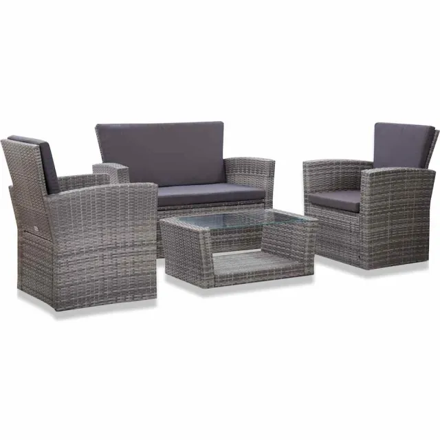 vidaXL 4-delige Loungeset met kussens poly rattan grijs