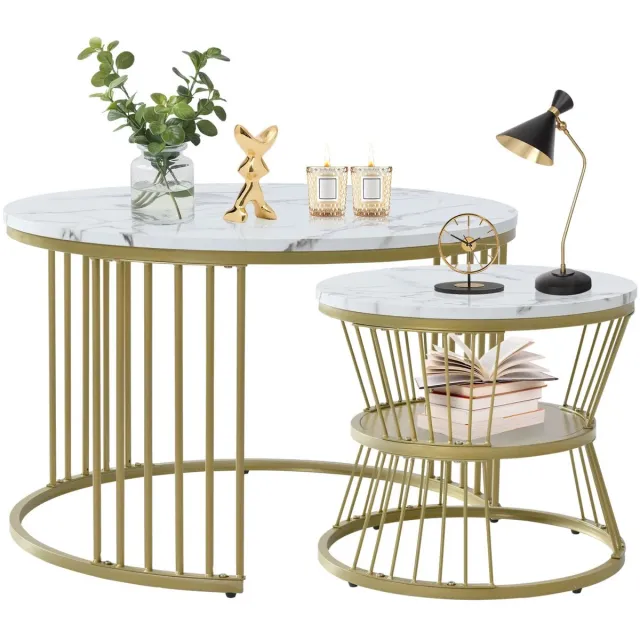 QJ Supply Salontafelset - Nesttafels - Marmerlook - Bijzettafel - Opbergruimte - Gouden Frame - Modern - Wit/Goud