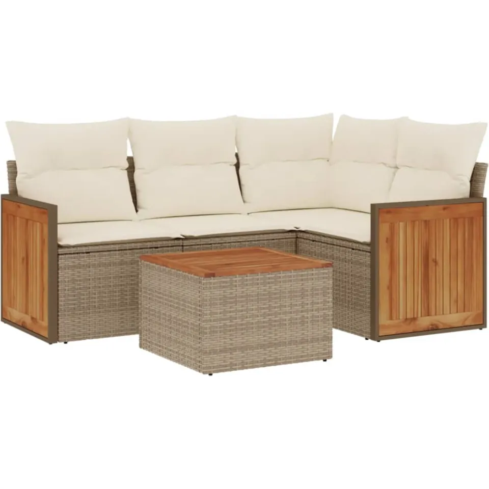vidaXL 5-delige Loungeset met kussens poly rattan beige, foto 3