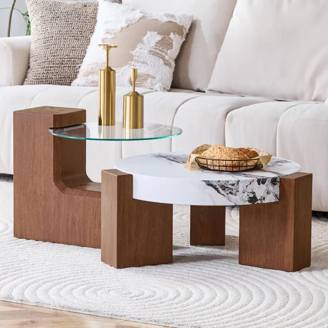 CHICFURN Salontafelset 61 cm - Combineerbaar - 2-delig - Woonkamer - MDF en glas - Walnootkleur en wit