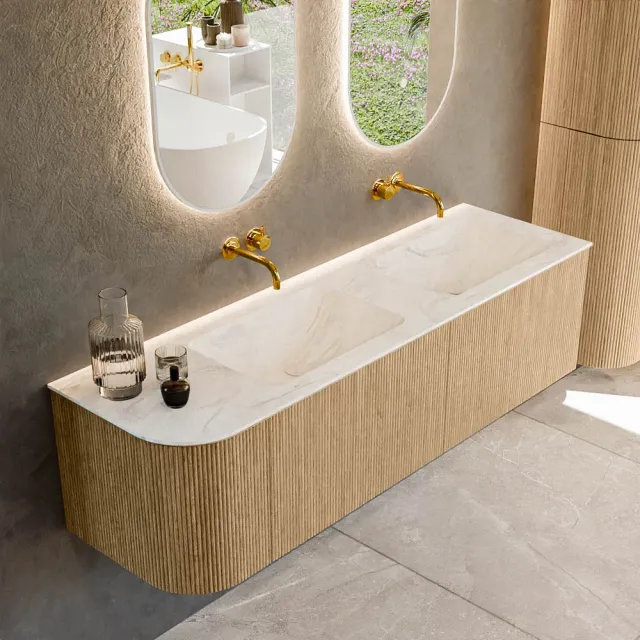 Mondiaz KURVE-DLUX 155 cm Onderkast Greeploos 2 Lades Met Deuren Oak, Wastafel Solid Surface Rechts Ostra 0 Kraangaten Zonder Spiegel (KRVLEA155L2L1D0KD-Oak/Ost)