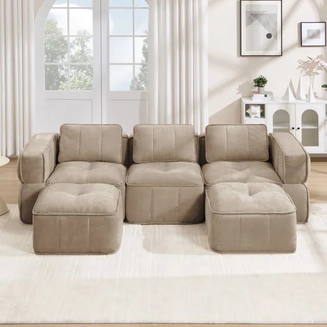 COVREO 3-zits U-bank met 2 hockers – 271x162x67 cm – Modulair bankstel met 32D schuim – Zitmeubel voor woonkamer – Sand