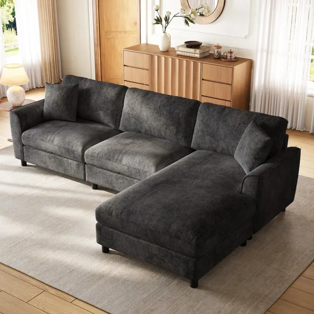 MODENUIT Hoekbank 256 x 137 x 79 cm - 3-Zits L-Vorm met Omkeerbare Chaise Longue - Woonkamer - Chenille - Grijs