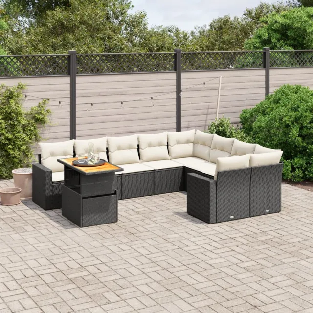 vidaXL 10-delige Loungeset met kussens poly rattan zwart, foto 2