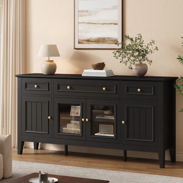 DESMIU Dressoir - 3 Laden en 4 Deuren met Glas en Appgestuurde Ledverlichting - Voor Woonkamer, Eetkamer en Hal - Zwart MDF - 160x40x78,5 cm