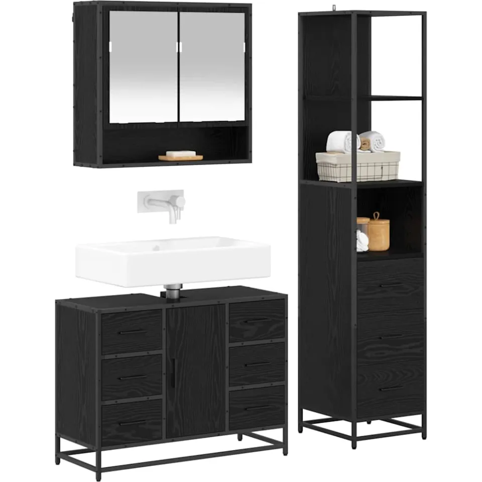 vidaXL Badkamermeubelset 3 st Zwart Eiken 35 x 37,5 x 166 cm