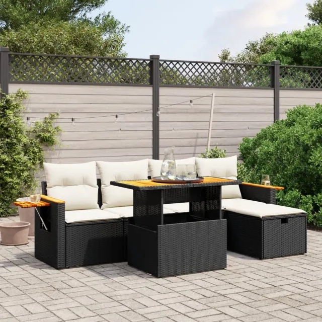 vidaXL 6-delige Loungeset met kussens poly rattan zwart, foto 2