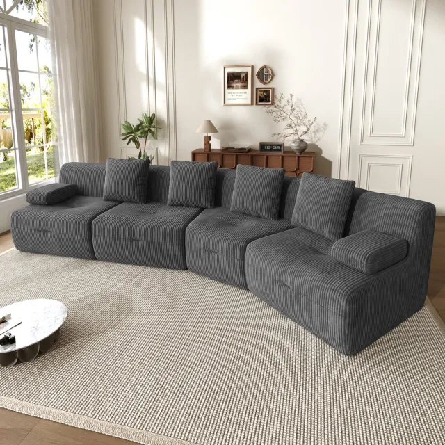 MIVRAY Bank 311 x 90 x 65 cm - Modulaire 4-Zits Zitbank Zonder Montage - Voor Woonkamer En Lounge - Cordstof Donkergrijs