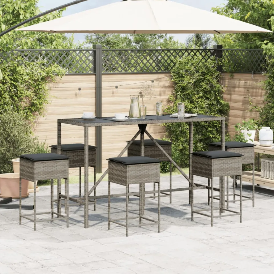 vidaXL 7-delige Tuinbarset met kussens poly rattan grijs, foto 2