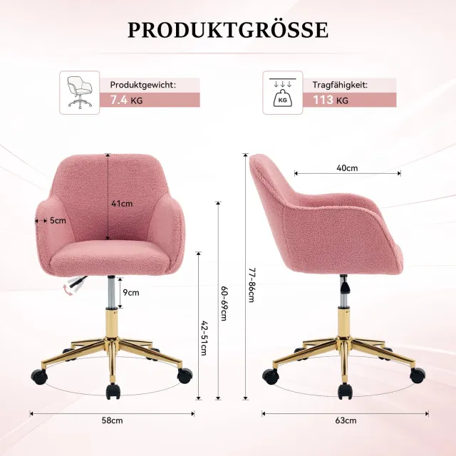 Vovtenza bureaustoel - gaming stoel - ergonomische bureaustoel - bureaustoelen voor volwassenen - Teddy fleece stof - In hoogte verstelbaar - 360° draaibaar - Gouden poten - Geschikt voor kantoor en thuiswerkplek - roze