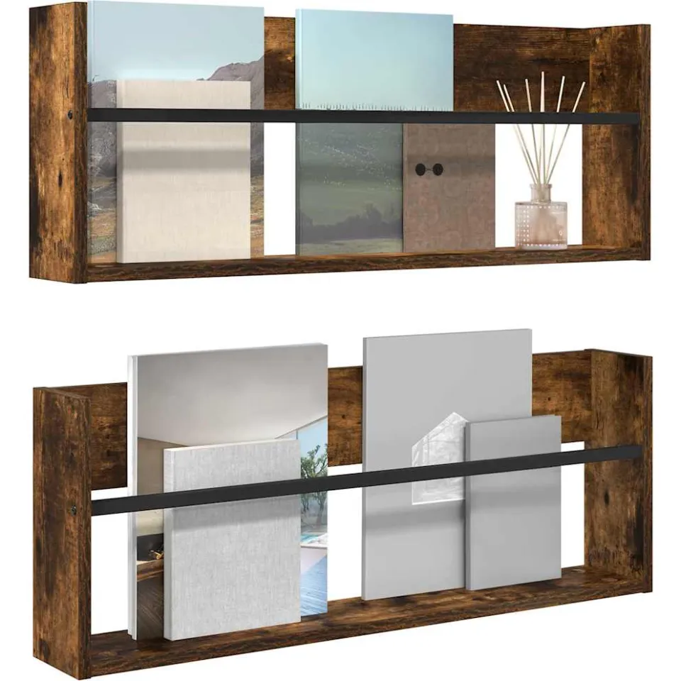 vidaXL Tijdschrift Rek 2 st Gerookt eiken 80 x 12 x 30 cm Bewerkt hout, foto 3