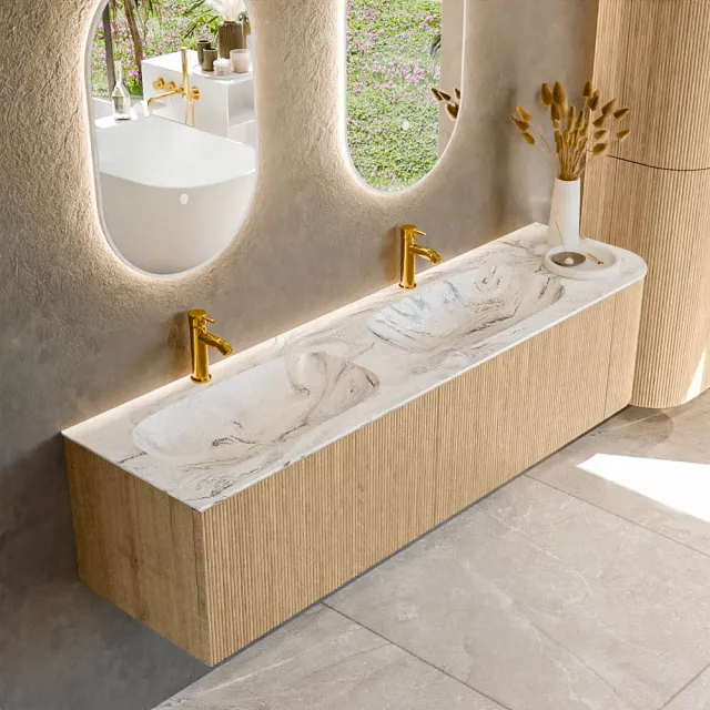 Mondiaz KURVE-DLUX 175 cm Onderkast Greeploos 2 Lades Met Deuren Oak, Wastafel Solid Surface Links Glace 2 Kraangaten Zonder Spiegel (KRVSTS175R2L1D2KD-Oak/Gla)