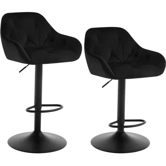 Whoopr® Set van 2 Fluwelen Barkrukken – In Hoogte Verstelbare & Draaibare Barstoelen met Voetsteun – Gestoffeerde Barkrukken voor Keuken, Kookeiland & Bar Zwart