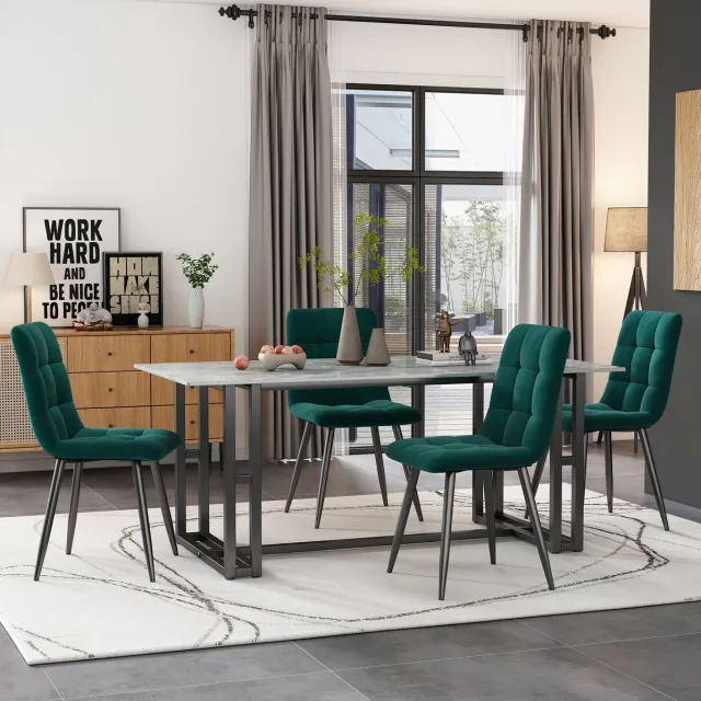 Wishdor Eetkamerstoel 4-delig - Donkergroen velvet - Gestikte rugleuning en zachte zitting - Modern design - Eetkamer keuken woonkamer home office - Metalen onderstel - 44 x 41 x 86 cm