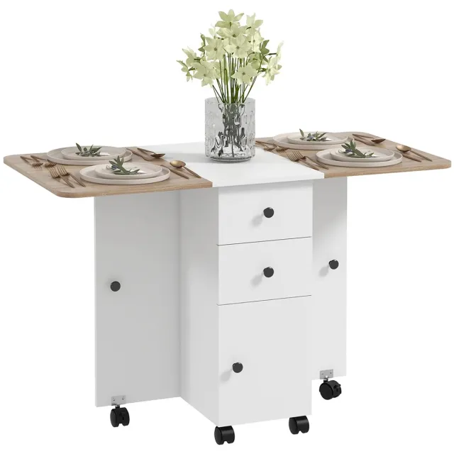Atlasyx eettafel - Inklapbare tafel - Uitschuifbare - Keukentafel - 2 lades + kast - 120 x 60 x 76,5 cm - Wit en naturel