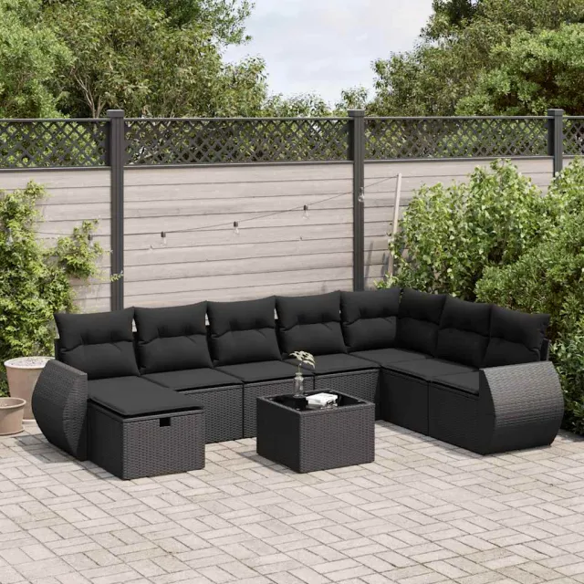 vidaXL 9-delige Loungeset met kussens poly rattan zwart, foto 2