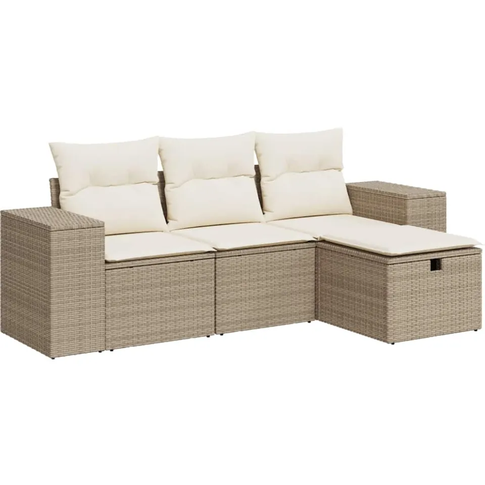 vidaXL 4-delige Loungeset met kussens poly rattan beige, foto 3