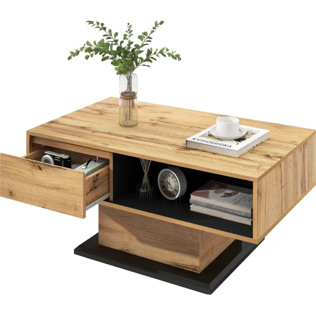 Merax Houtnerf Salontafel – Vierkant – Bijzettafel met Greeploze Lade en Groot Achteropbergvak – Bruin met Zwart – 100×60×47 cm