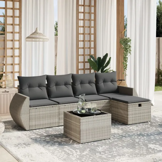 vidaXL 6-delige Loungeset met kussens poly rattan lichtgrijs grijs, foto 2