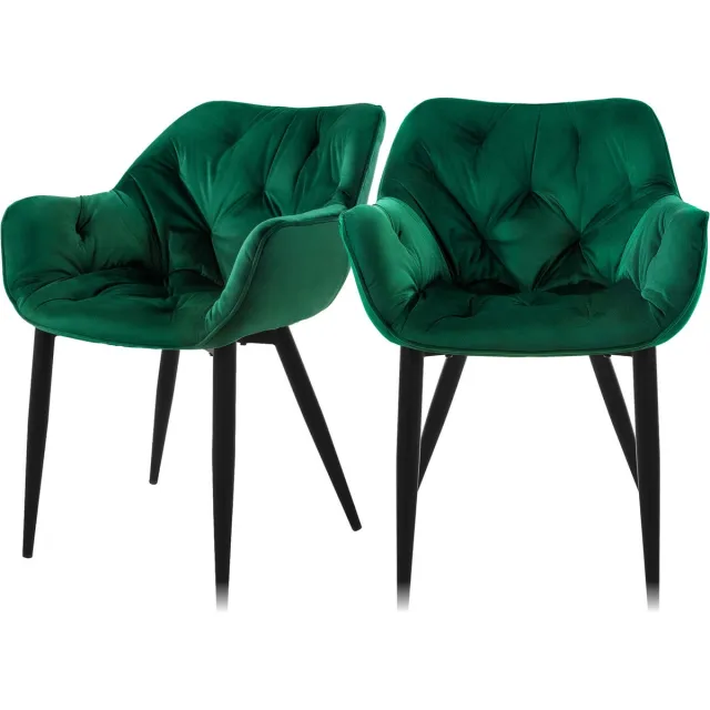 ml-design Eetkamerstoelen set van 2 donkergroen, keukenstoel met dik fluweel gestoffeerde zitting, metalen poten, woonkamerstoel met rugleuning en armleuningen, gewatteerde gestoffeerde stoel