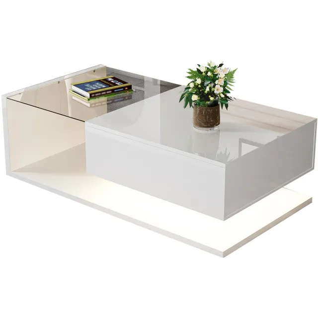 YYchan Salontafel - Hoogglans Koffietafel met Gehard Glas -Opbergvak met 16-kleuren LED Verlichting - Modern Design - 105 x 55 x 32.5 cm - Wit