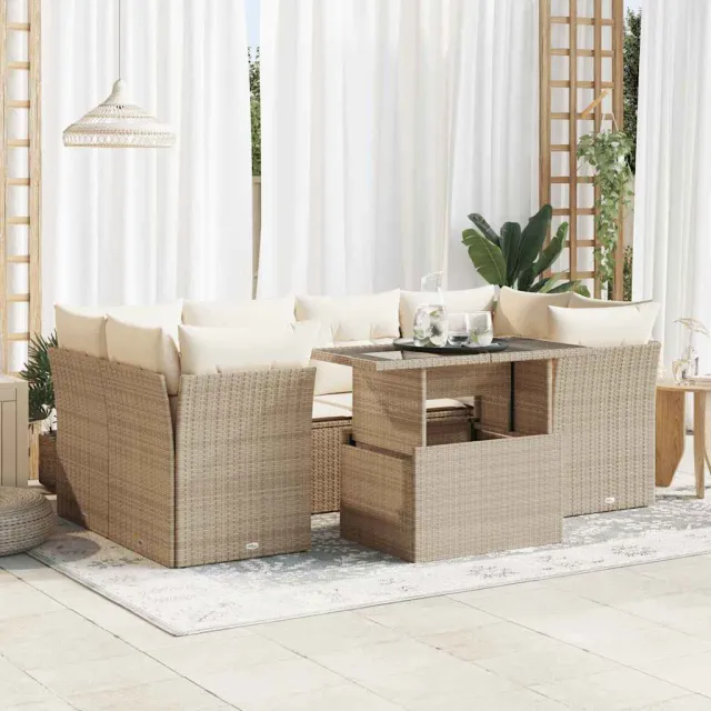 vidaXL 7-delige Loungeset met kussens poly rattan beige, foto 2