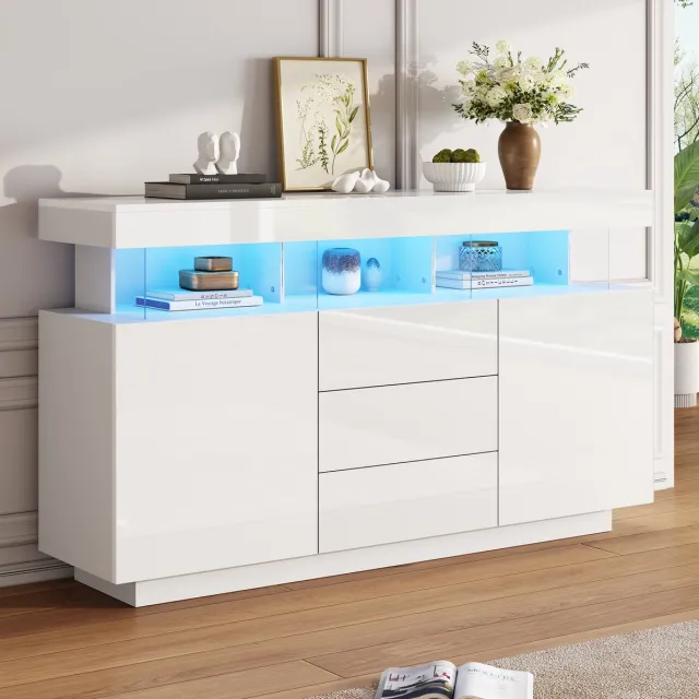 MEUNIQ dressoir 140 x 35 x 80 cm met 3 lades, 2 deuren en LED-verlichting, wit hoogglans sideboard met open vakken voor eetkamer, keuken of hal