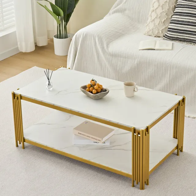 MIVRAY Salontafel - Rechthoekig Met Marmerlook En 2 Legplanken - Voor Woonkamer - MDF En Metaal - 114x64x46 Cm Wit