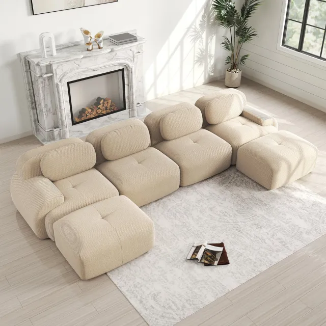 MODFU Modulaire Hoekbank – 388x178x70 cm – zonder frame en montagevrij – ergonomisch design – zachte ribfluweel – comfortabele sofa – beige
