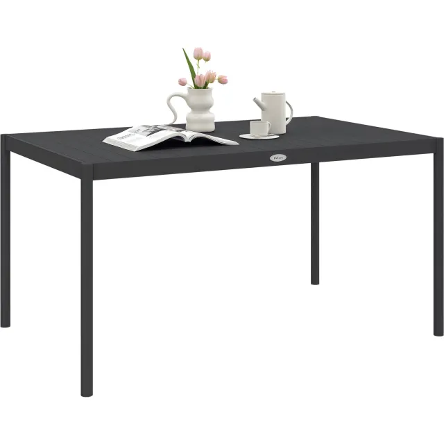Lunpog Tuintafel, rechthoekig voor 6 personen, aluminium lamellenblad, houtlook, eettafel, buitentafel, 145 x 90 x 74 cm, grijs