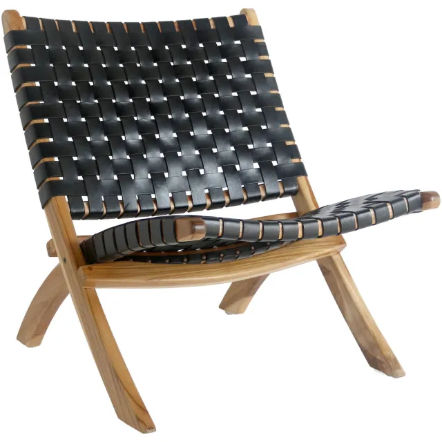 QUVIO Fauteuil Turijn - Zwart leer - Teakhouten poten