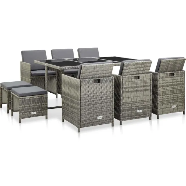 vidaXL 11-delige Tuinset met kussens poly rattan grijs