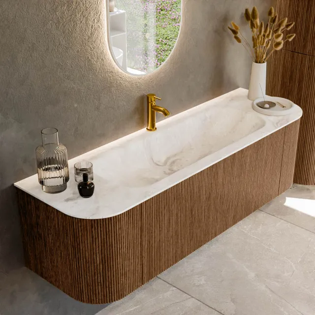 Mondiaz KURVE-DLUX 150 cm Onderkast Greeploos 1 Lade Met Deuren Walnut, Wastafel Solid Surface Midden Frappe 1 Kraangat Zonder Spiegel (KRVBGM150L+R1L2D1KM-Wal/Fra)