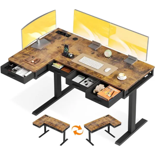 OffiGo Elektrisch Verstelbaar Hoekbureau 140x80 Cm - L Vorm Sta-Zit Bureau Met 4 Lades En Stopcontact - Ergonomisch Gaming En Werkbureau - In Hoogte Verstelbaar - Bruin