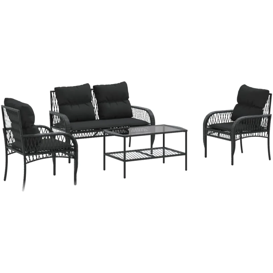 vidaXL 4-delige Loungeset met kussens poly rattan zwart, foto 3