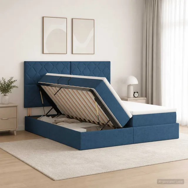 vidaXL Opslag bed met hoofdeinde met opslag Blauw 200 x 200 cm Stof